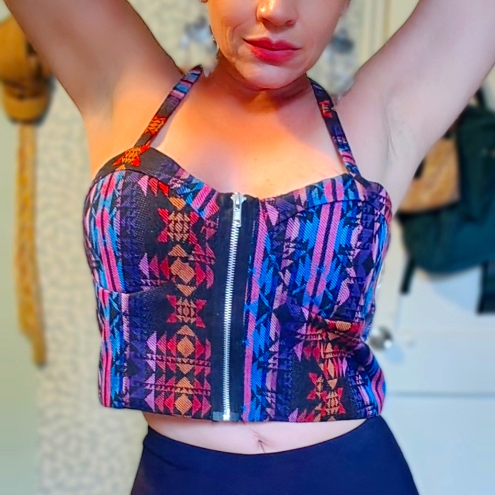 Printed Designs Front Zipper Cross Back Top